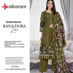 Pakistani designer Lawn Ladies shalwar kameez Alkaram Green Embroidered Lawn Sha